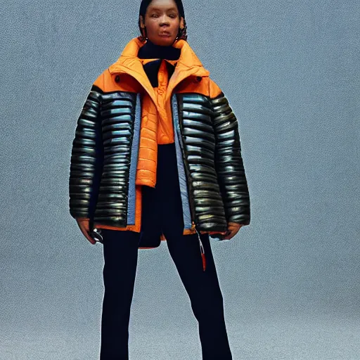 Image similar to realistic! photoshoot for a new balenciaga lookbook, color film photography, portrait of a beautiful woman wearing a puffer jacket, photo in style of tyler mitchell, fisheye lens