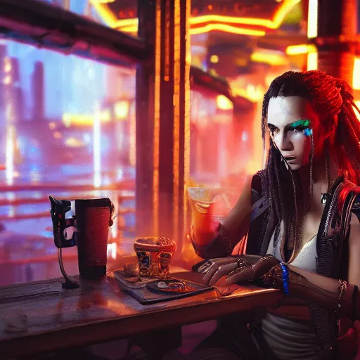 Image similar to a high quality portrait of a beautiful stunning pirate in a cyberpunk cyberpunk cyberpunk cafe, realism, 8k, award winning photo