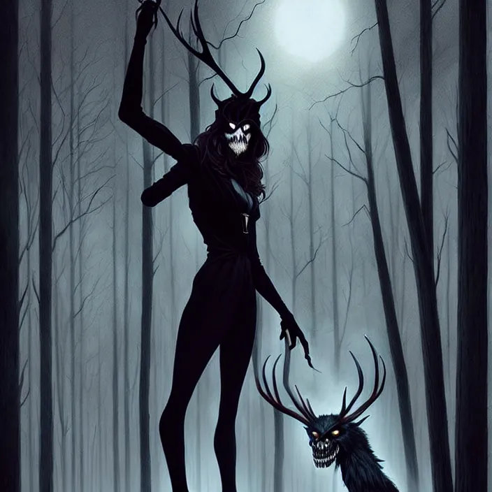 Image similar to style artgerm, joshua middleton, diego fazio, gerald brom : : scary wendigo with antlers and skull face mixed with werewolf : : [ beautiful witch wearing a black dress, symmetrical face, on the right side ] : : in the forest, detailed, dark and foggy, cinematic lighting