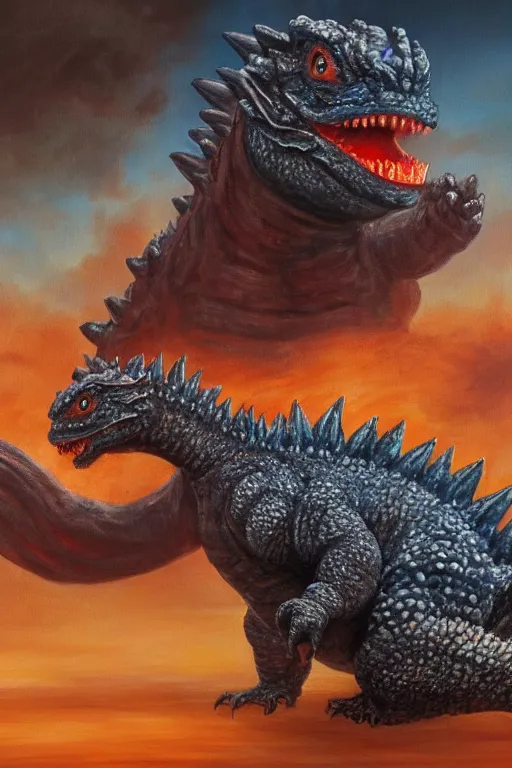 Prompt: a painting of baby godzilla, 4 k, very detailed,