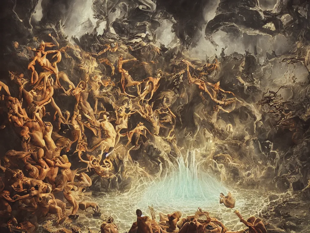 Image similar to the first circle of hell. kamasan painting, parrish maxfield