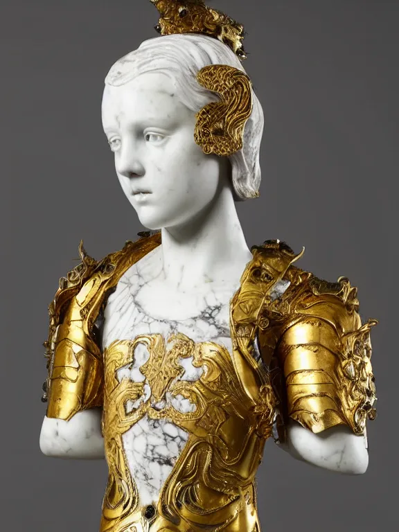 Image similar to a white art nouveau marble and gold head and torso sculpture of a worried young millie bobby brown with long, flowing hair, wearing intricate gold plate armor on her chest, delicate, intricate, smooth, beautiful, by charles van der stappen