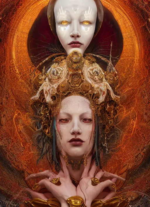 Image similar to slender high priest in a ornate heavy robe, eclesial headpiece, by james jean, karol bak, tomasz alen kopera, cgsociety and fenghua zhong, highly detailed, rim light, cinematic lighting, illustration, art, octane render, very coherent, cinematic, hyper realism, high detail, octane render, 8 k