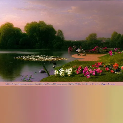 Prompt: a painting of a duck pond at sunset, surrounded by flower bushes, a detailed matte painting by Robert S. Duncanson, deviantart, hudson river school, terragen, pink clouds, pastel sky, trending on artstation