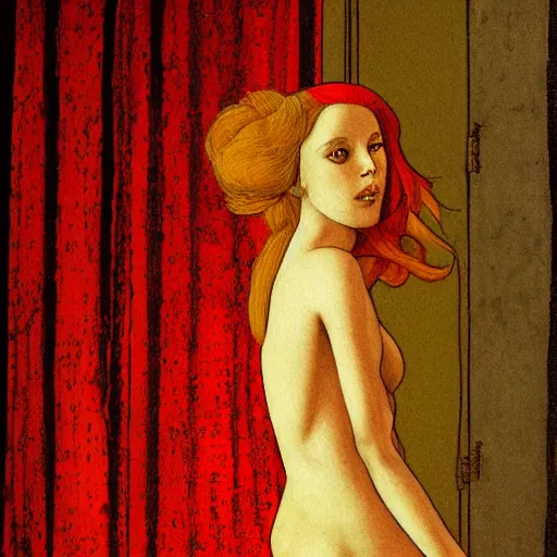 Image similar to an elegant girl in a liminal abandoned room, red and gold, old polaroid by botticelli, by moebius, digital painting, jugendstil, art noveau, strong lights, flat colors, pastel colors,