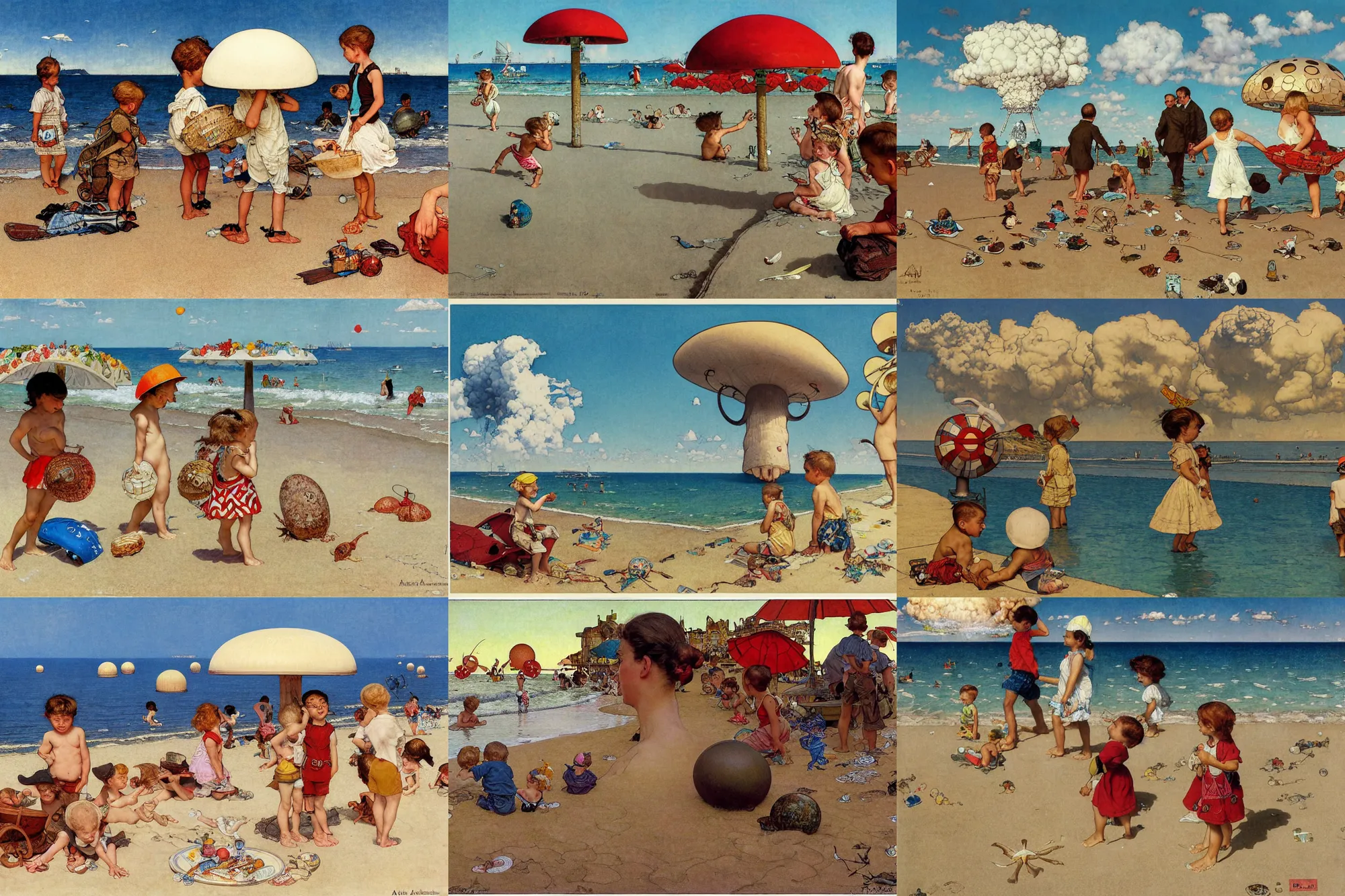 Prompt: kids playing at the beach, huge atomlc mushroom cloud in the background, wide angle lens, detailed, by norman rockwell, by mattias adolfsson, by alphonse mucha, oil on canvas,