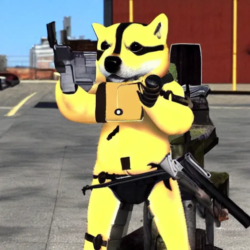 Image similar to anthropomorphic shiba inu, wearing armor from game stalker freedom yellow exoskeleton armor without helmet, with rifle in hands,