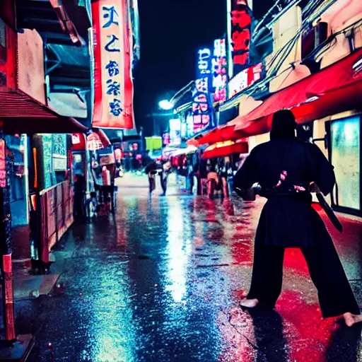 Prompt: ninja samurai with a katana in hand finishing his opponent, Ninja samurai has a dark costume, Japanese street environment, neon signboards in the background, shallow blur background, characters in focus, rainy weather, blood splatter on the ground, high detailed, intricate details, photorealistic, cinematic