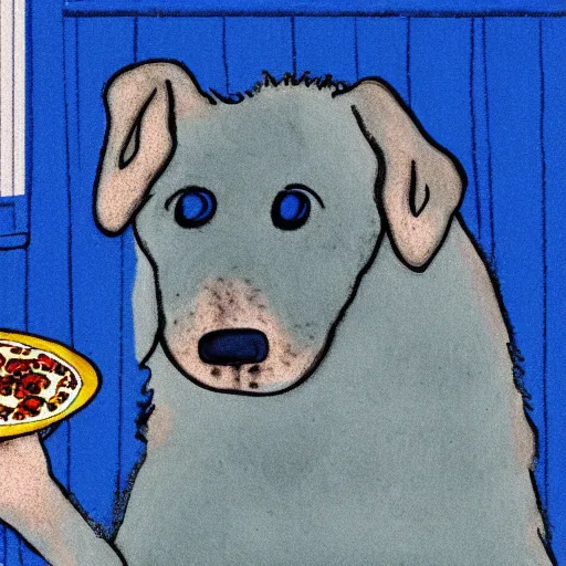 Image similar to blue dog eating blue pizza in a blue house, 4k