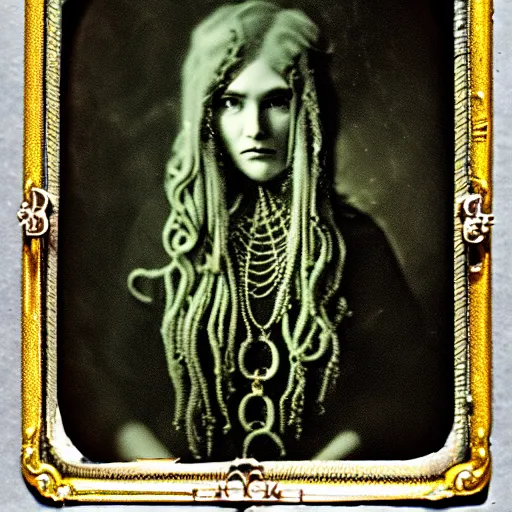 Image similar to daguerreotype of a cthulhu priestess adorned in occult jewelery with tentacle hair. emerging walking out of a baroque frame.