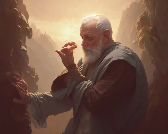 Image similar to an old man floating, deep focus, d & d, fantasy, intricate, elegant, highly detailed, digital painting, artstation, concept art, matte, sharp focus, illustration, hearthstone, art by artgerm and greg rutkowski and alphonse mucha