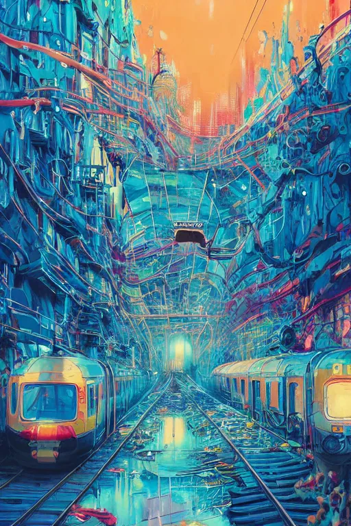 Image similar to trains covered in dripping colorful graffiti paint, painterly, james jean, yoshitaka amano, hiroshi yoshida, moebius, loish, artgerm, painterly, symmetrical, ultra detailed, hyper realistic, illustration, sunset lighting