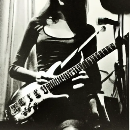 Image similar to 19-year-old girl, long shaggy black hair, playing electric guitar, stoner rock concert, proto-metal, doom metal, live on stage, super 8mm, 1973