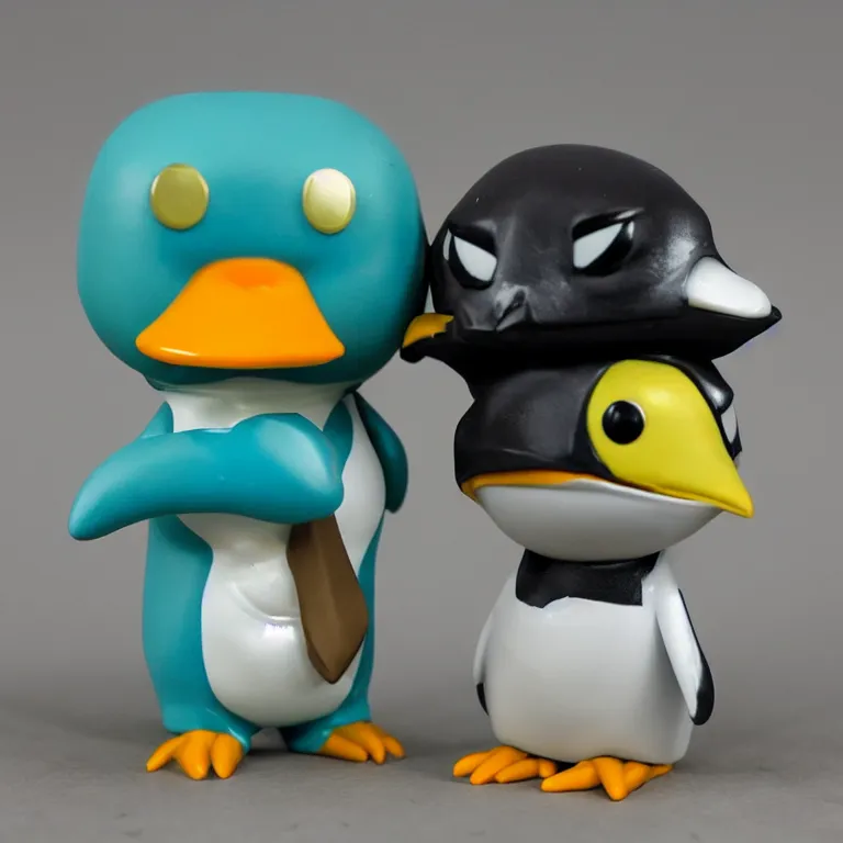 Prompt: Funko pop heavy metal penguin and turtle sidekick