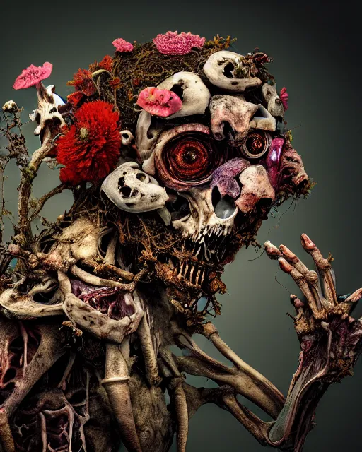 Image similar to a extremely disturbing horror photograph of a creature made out of rotten flowers and nature and fungus and bones, hyperrealism, sharp focus, cinematography, highly detailed, octane render, horror cgi 4 k, matte, photograph by professional photographer