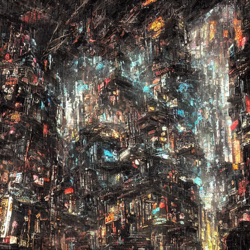 Image similar to a cave painting of a cyberpunk cave