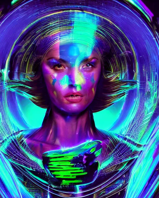 Image similar to a powerful energy psychedelic matrix woman, by alexander fedosav, hyper detailed digital matte painting, concept art, hyperrealism, 1 6 k resolution, cinema 4 d, 8 k resolution, trending on artstation, behance hd, a masterpiece, by stephan martiniere, particles, cel - shaded, power bright neon energy, by david a. hardy,