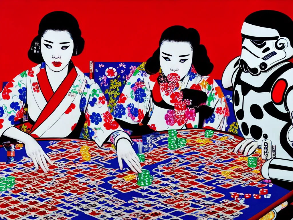 Image similar to hyperrealism composition of the detailed single woman in a japanese kimono sitting at an extremely detailed poker table with stormtrooper, fireworks, river on the background, pop - art style, jacky tsai style, andy warhol style, acrylic on canvas