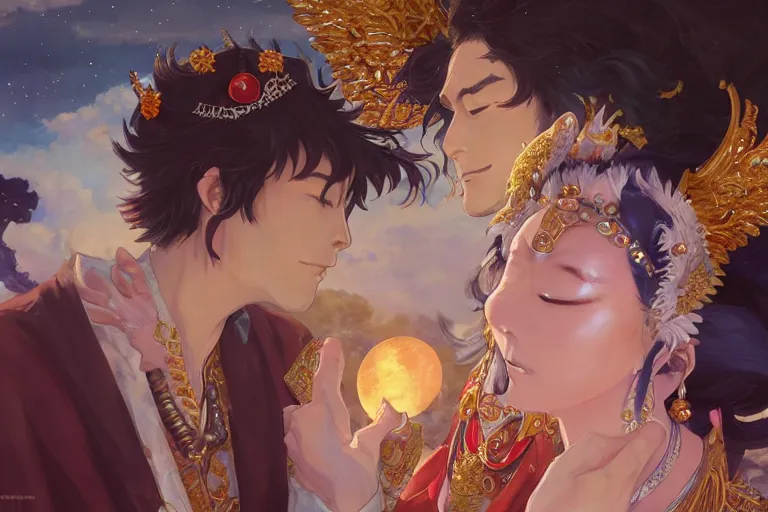 Image similar to close up moment of a divine a japan sun god and a moon goddess lovers magician at a wedding banquet, highly detailed, d & d, fantasy, 4 k realistic, digital painting, trending on artstation, concept art, sharp focus, illustration, art by makoto shinkai and akihiko yoshida and daniel gerhartz