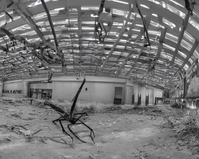 Prompt: camera footage of a giant Mantis in an abandoned shopping mall, high exposure, dark, monochrome, camera, grainy, CCTV, security camera footage, timestamp, zoomed in, fish-eye lense, Preying Mantis,