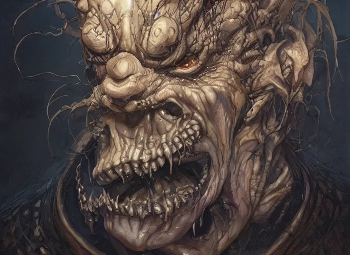 Prompt: an intense lovecraftian demonic personification of an narcissist, by takehiko inoue and kim jung gi and hiroya oku, by thomas kinkade and greg rutkowski and ilya kuvshinov, masterpiece illustration, ultrarealistic, perfect face and anatomy, golden ratio