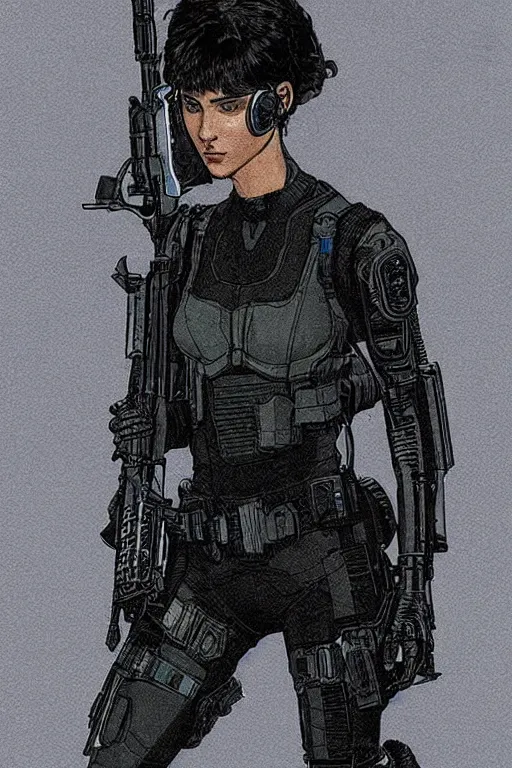 Image similar to selina. blackops mercenary in near future tactical gear, stealth suit, and cyberpunk headset. Blade Runner 2049. concept art by James Gurney and Mœbius.