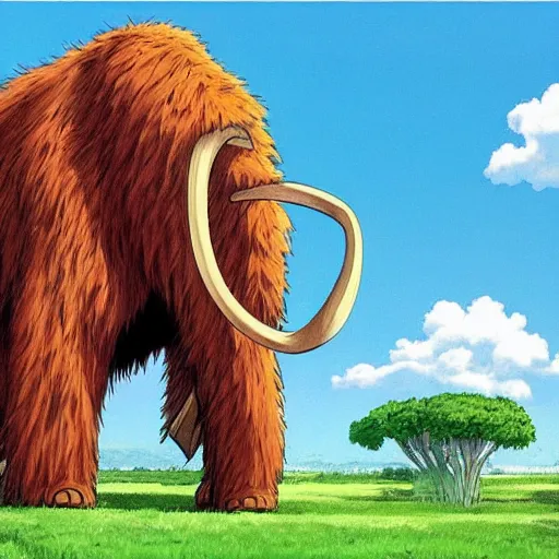 Prompt: a realistic cell - shaded studio ghibli concept art from paprika ( 2 0 0 6 ) of a giant wooly mammoth. very dull colors, wide shot, hd, 4 k, hq