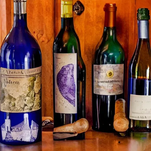 Prompt: a selection of wines arranged aesthetically in bottles and glasses in a medieval tavern. the wines are blue, orange, violet, yellow, white, red.