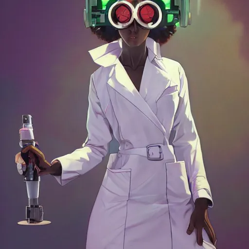 Image similar to a full body character design by artgerm, cushart krenz, greg rutkowski and alphonse mucha. cute african mad scientist woman lab coat!! green plasma laser gun!! goggles visor!! bold outline sharp edges. ultra clear detailed. 8 k. ultra detailed, elegant, intricate, octane render. felt!!! texture