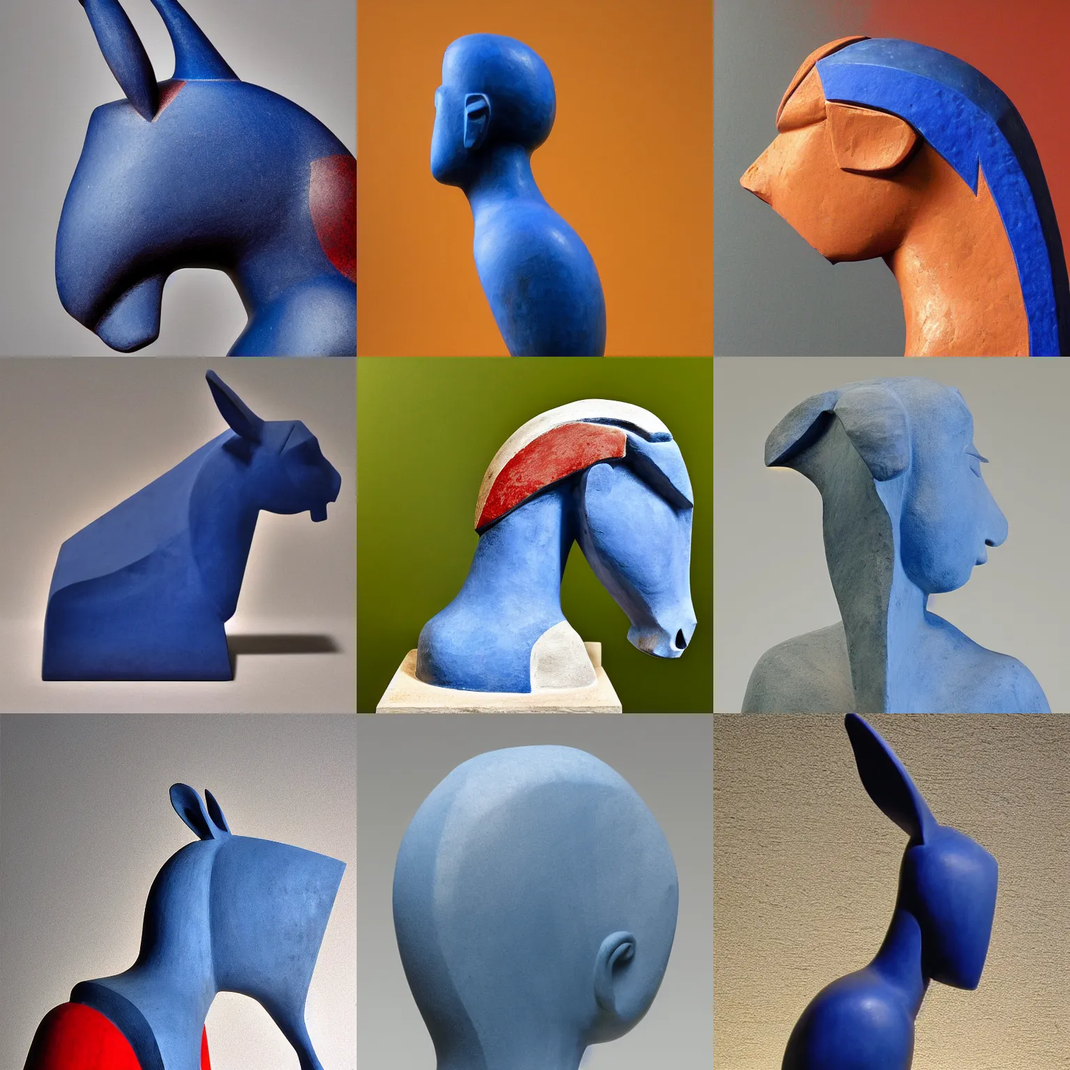 Prompt: profile view of donkey, duotone, cycladic sculptural style, ultramarine blue and red iron oxide