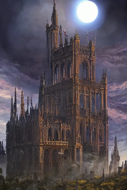 Image similar to A dramatic solar eclipse over a medieval construction site for the tallest tower in the world. masterpiece 4k digital design by John Avon and Greg rutkowski, award winning, Artstation, Takato Yamamoto aesthetic, Neo-Gothic, gothic, forest on background, intricate details, realistic, hyperdetailed, 8k resolution
