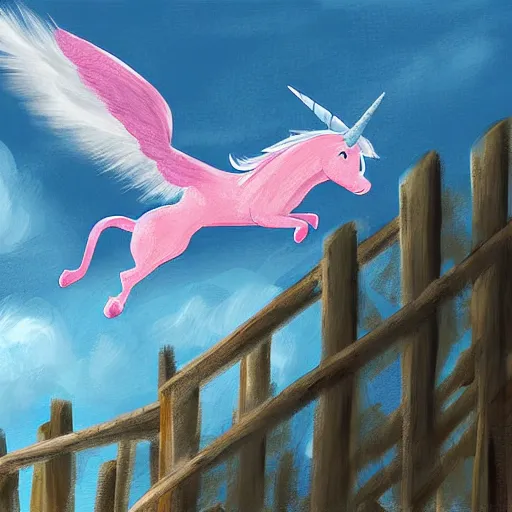 Image similar to an overweight unicorn pegasis flying over a fence, digital painting
