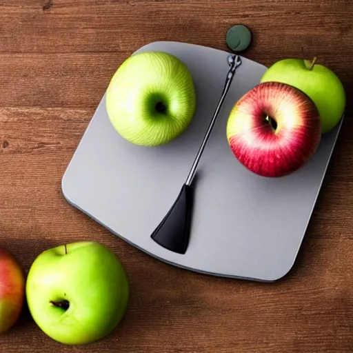 Image similar to set of balance scales with weights, weighing one apple and one onion