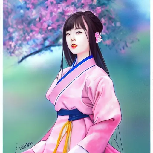 Image similar to pretty korean woman wearing beatiful hanbok, face by artgerm, bright pastel colors, studio ghibli painterly style, trending on artstation, tarot card