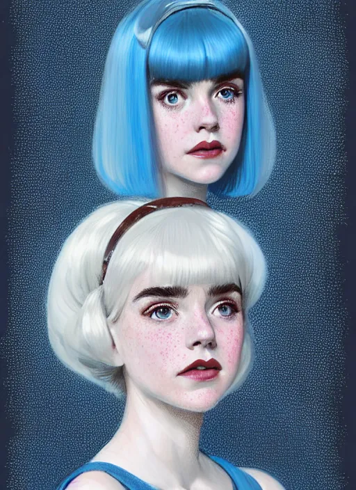 Image similar to portrait of kiernan shipka with freckles, white hair, big 1 9 6 0 s bob hairstyle with bangs and hairband, blue 1 9 6 0 s dress, intricate, elegant, glowing lights, highly detailed, digital painting, artstation, concept art, smooth, sharp focus, illustration, art by wlop, mars ravelo and greg rutkowski