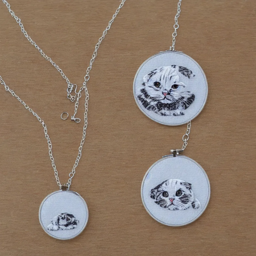 Prompt: Scottish fold patterned silver embroidered necklace