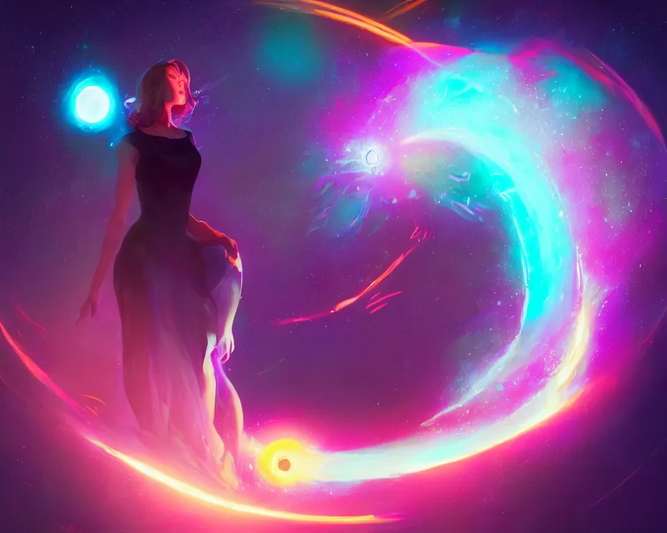 Image similar to a beautiful whimsical woman standing under a multi-colored binary blackhole with an accretion disc, casting magic, glowing trails following her arms, digital art, by Lois van Baarle, by Greg Rutkowski, by artgerm, by beeple, cinematic angle, volumetric lighting, 4k resolution, octane render, trending on artstation, masterpiece