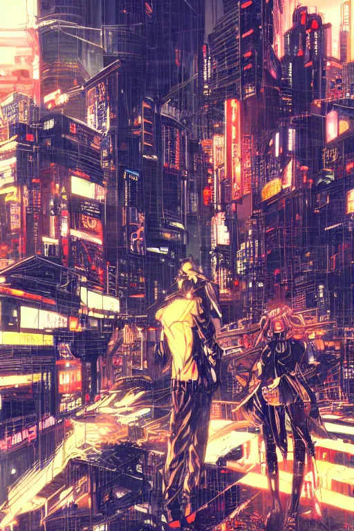 Image similar to cyberpunk illustration by shigenori soejima, street gang, concept art, intricate cyberpunk city, orange overlooking city
