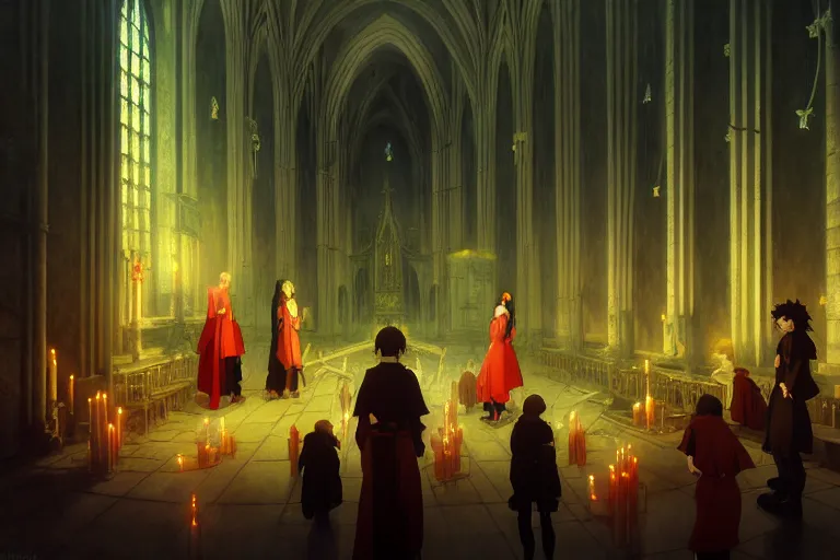 Image similar to baroque oil painting of anime key visual environment concept art of satanic ritual in cathedral, brutalist, dark fantasy, rule of thirds, digital cel shading, fake hidden detail, trending on pixiv fanbox, acrylic palette knife and brush, style of makoto shinkai studio ghibli jamie wyeth james gilleard greg rutkowski