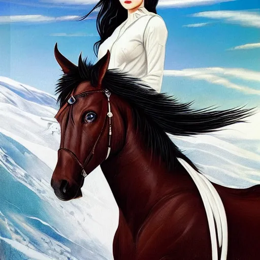 Prompt: full body shot of a beautiful young kurdish woman with beautiful black hair riding a beautiful white horse in the kurdish mountains art by martin ansin, highly detailed, 8 k, high resolution, award winning art, incredibly intricate, beautiful and symmetrical face