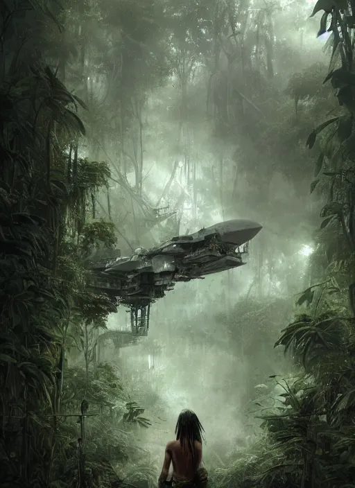 Prompt: a tribal woman from behind, in front of the aircraft carrier USS Nimitz overgrown with vegetation, lush rain forest, post appocalyptic, by Luis Royo, by Greg Rutkowski, dark, gritty, intricate, backlit, strong rim light, cover illustration, concept art, volumetric lighting, volumetric atmosphere, sharp focus, octane render, trending on artstation, 8k