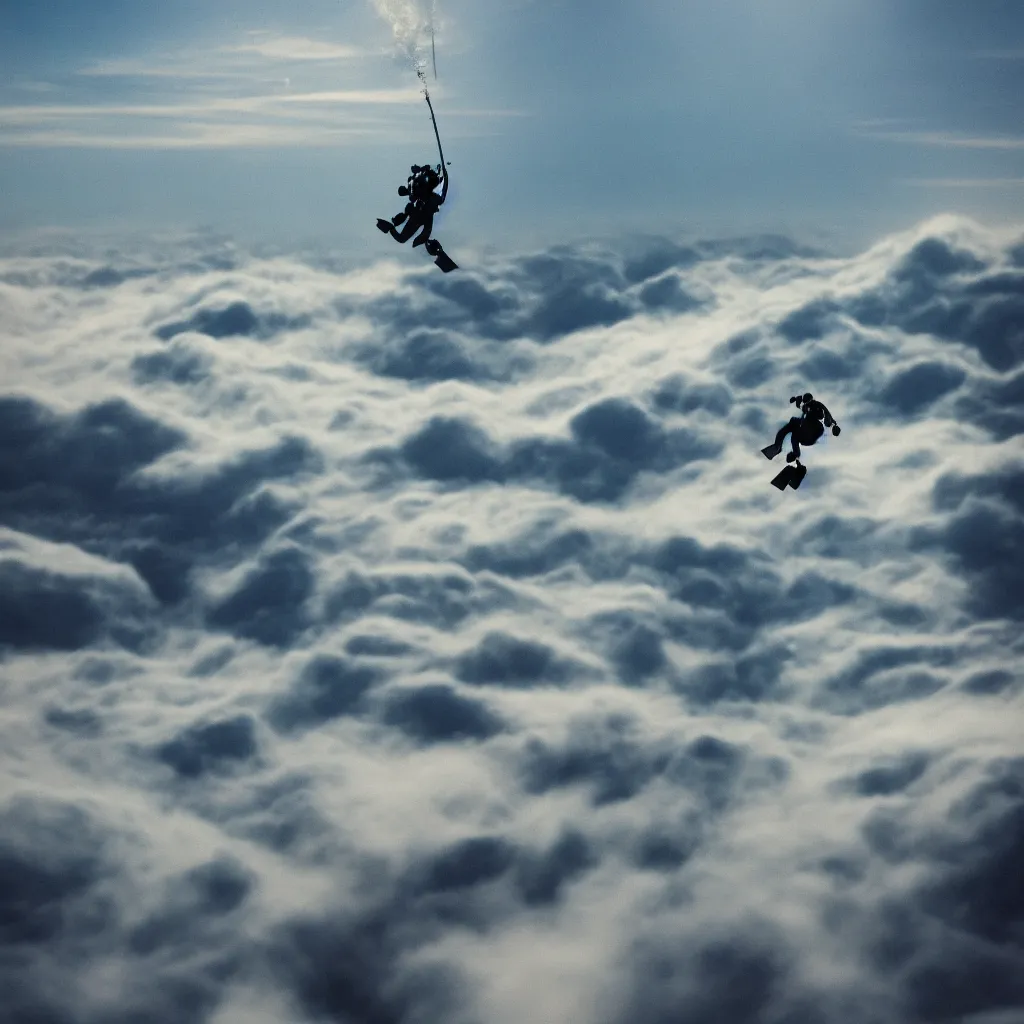 Image similar to a scubadiver floating above the clouds, graphic art