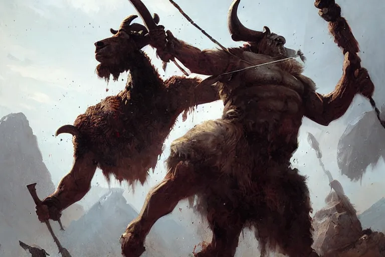 Image similar to hill giant wielding a goat as a weapon, horrifying brute by greg rutkowski, detailed painting