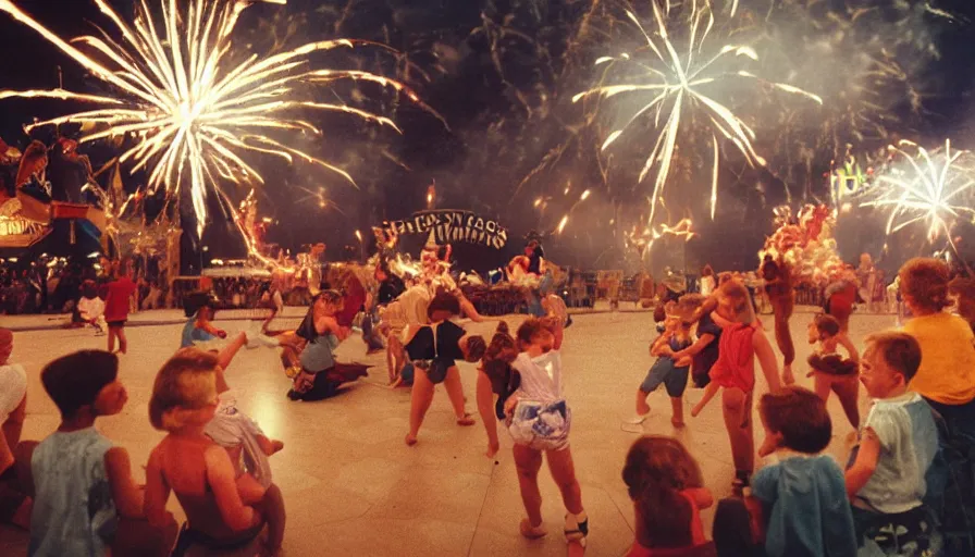 Image similar to 1990s candid 35mm photo of a beautiful day in the living room, cinematic lighting, cinematic look, golden hour, a miniature amusement park in the living room is setting off fireworks, kids dance and point at the fire works, small mascots run around the room, UHD