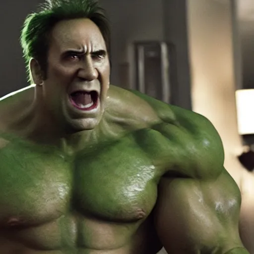 Image similar to a still frame of nicholas cage as the hulk, from the 2 0 1 2 film the avengers