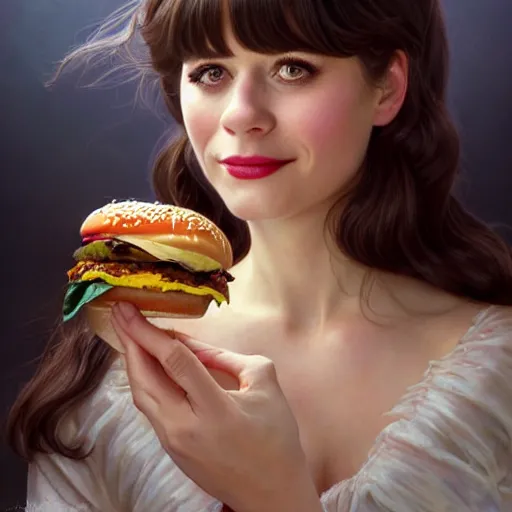 Prompt: portrait of Zooey Deschanel eating hamburgers, extra onions and ketchup, luscious patty with sesame seeds, feminine ethereal, handsome, D&D, fantasy, intricate, elegant, highly detailed, digital painting, artstation, concept art, matte, sharp focus, illustration, art by Artgerm and Greg Rutkowski and Alphonse Mucha