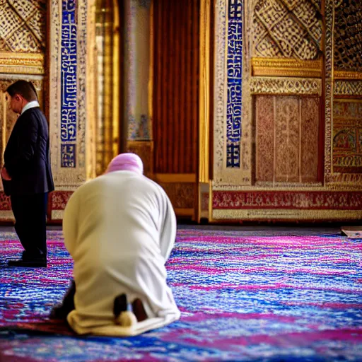 Image similar to Trump praying in mosque, award winning cinematic photography, 50 mm, blurred background, perfect faces