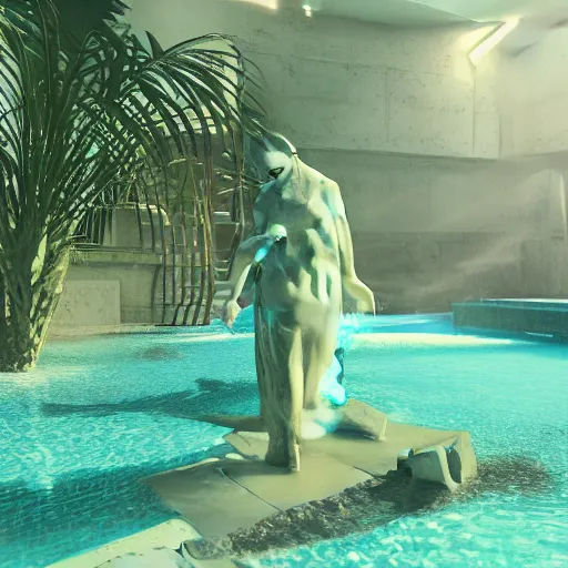 Prompt: a hyperrealistic 3 d render of a crumbling statue in a surreal underground swimming pool surrounded by palm trees and neon lights, vaporwave, unreal engine, octane render, dramatic lighting, volumetric lighting, ultra detailed, photorealistic