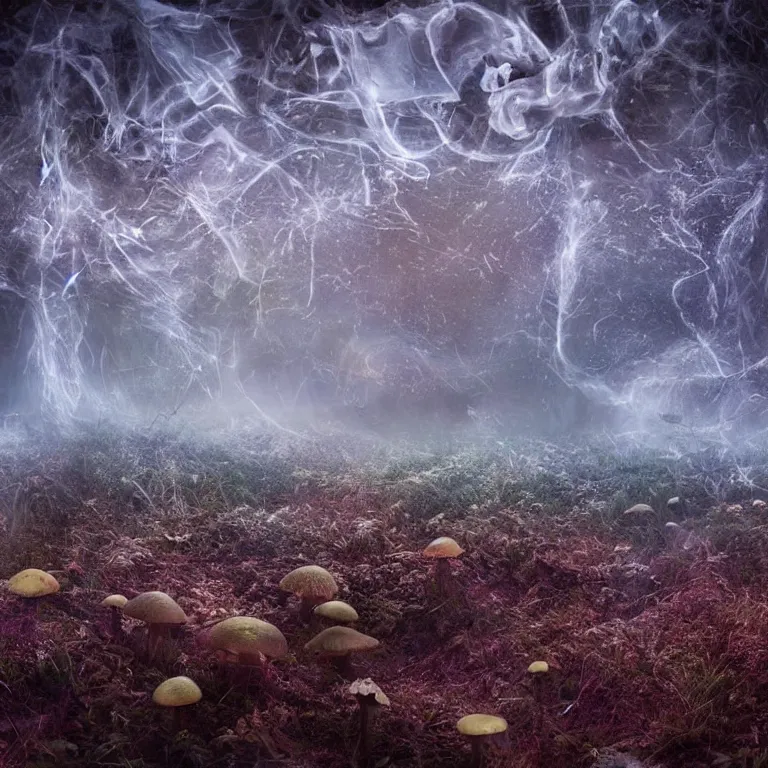 Image similar to a planet of various fungus, mushrooms and plants, inside the picture is infinity, Atmospheric phenomenon, artistic photography, muted colors, conceptual, long exposure outside the city, volumetric light