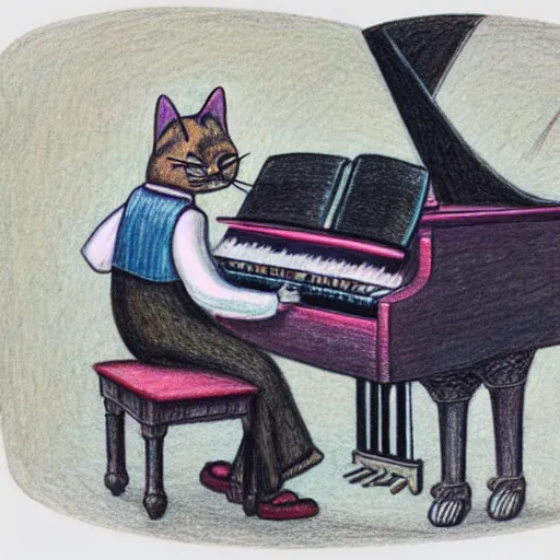 Prompt: anthropomorphic cat playing piano on stage at concert hall, detailed color pencil drawing 4 k